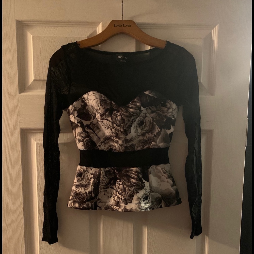 Bebe long sleeve mesh peplum shirt